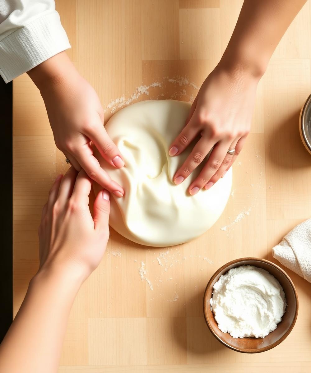 Hands kneading soft mochi dough