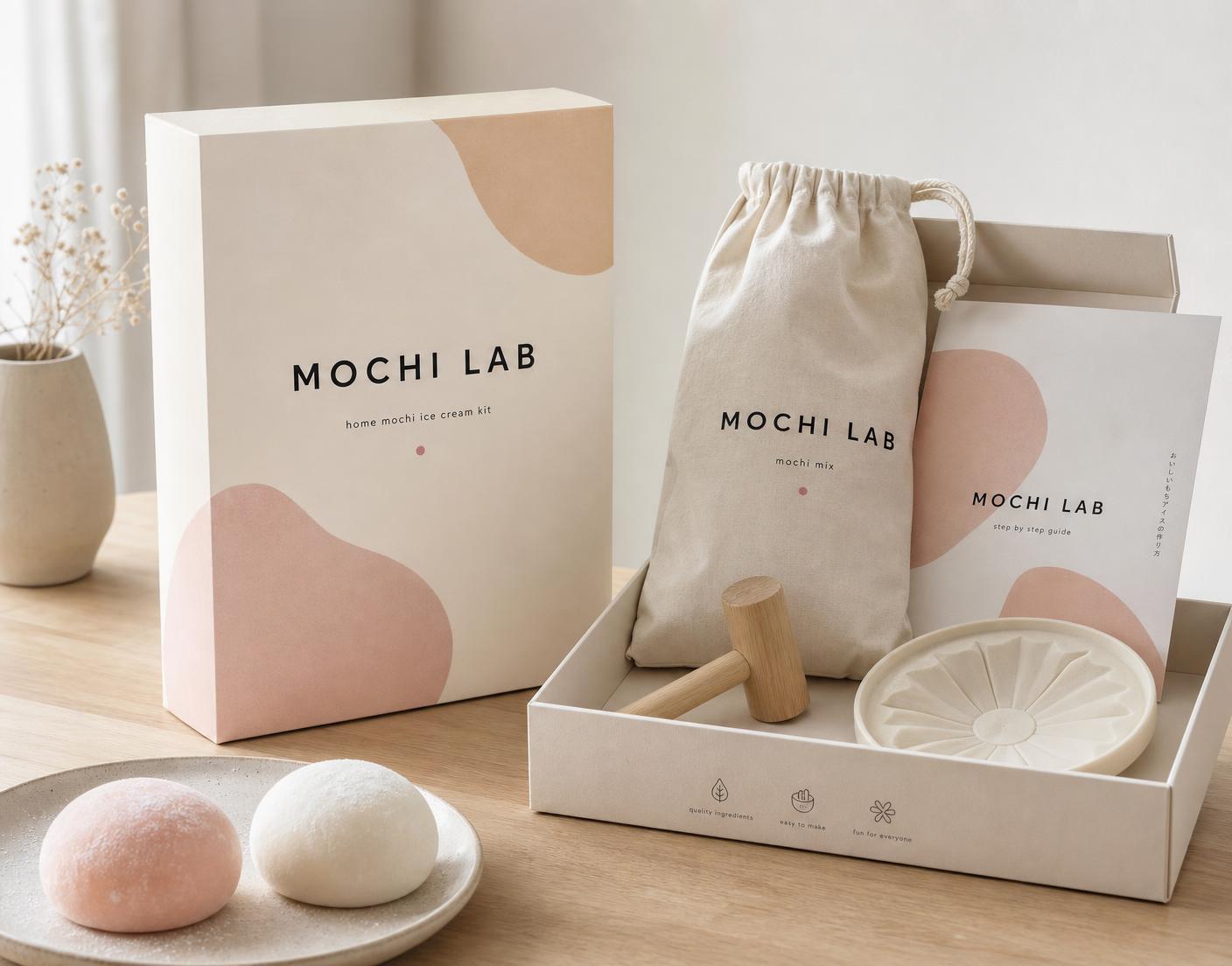 The MOCHI LAB home mochi ice cream kit box with its contents on a wooden table