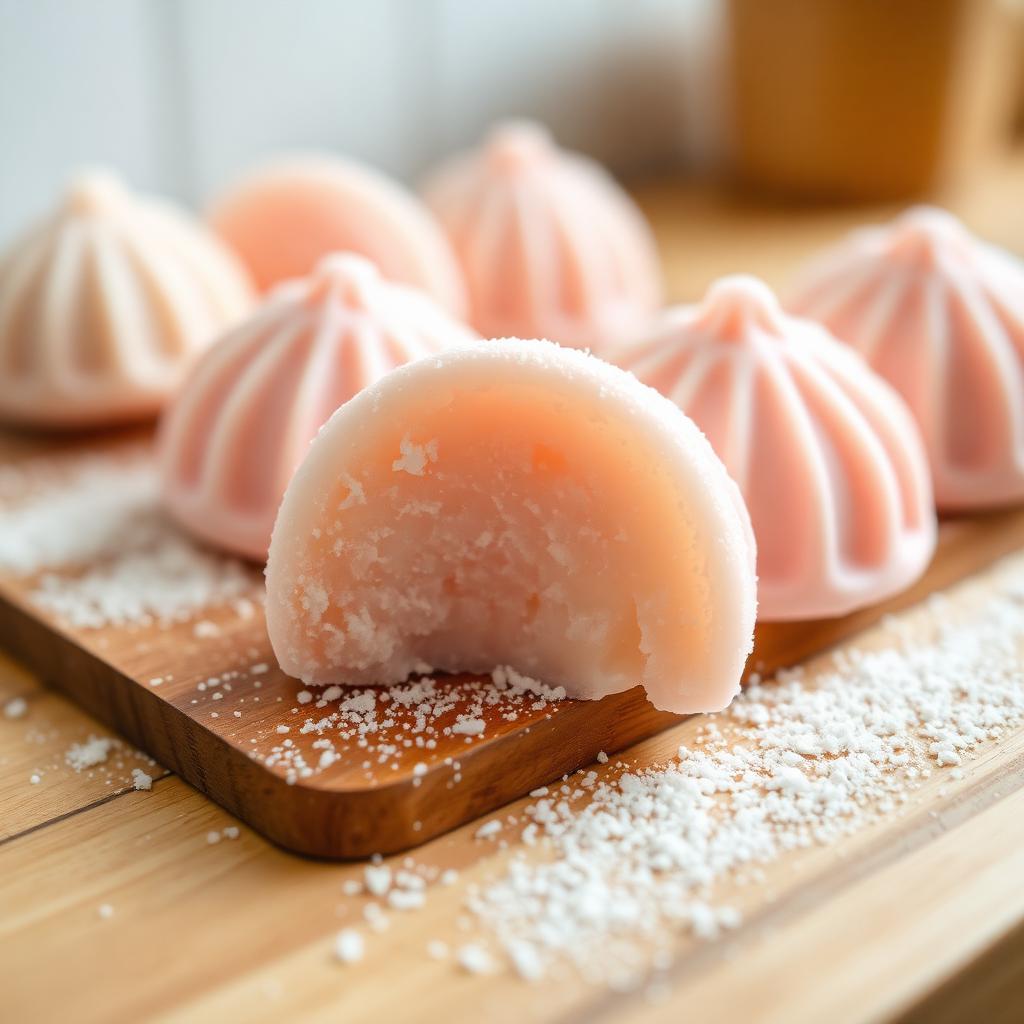 Close-up of soft pastel pink and white handmade mochi dusted with rice flour