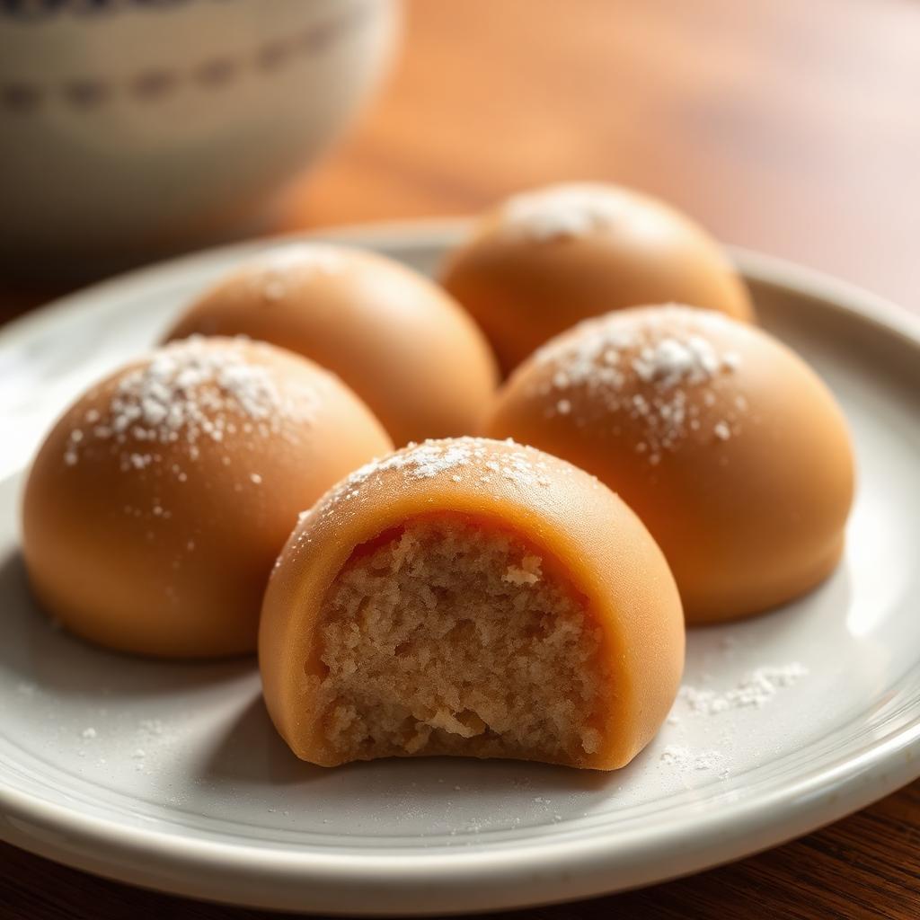 Close-up of whole brown hojicha mochi dusted with rice flour on a plate